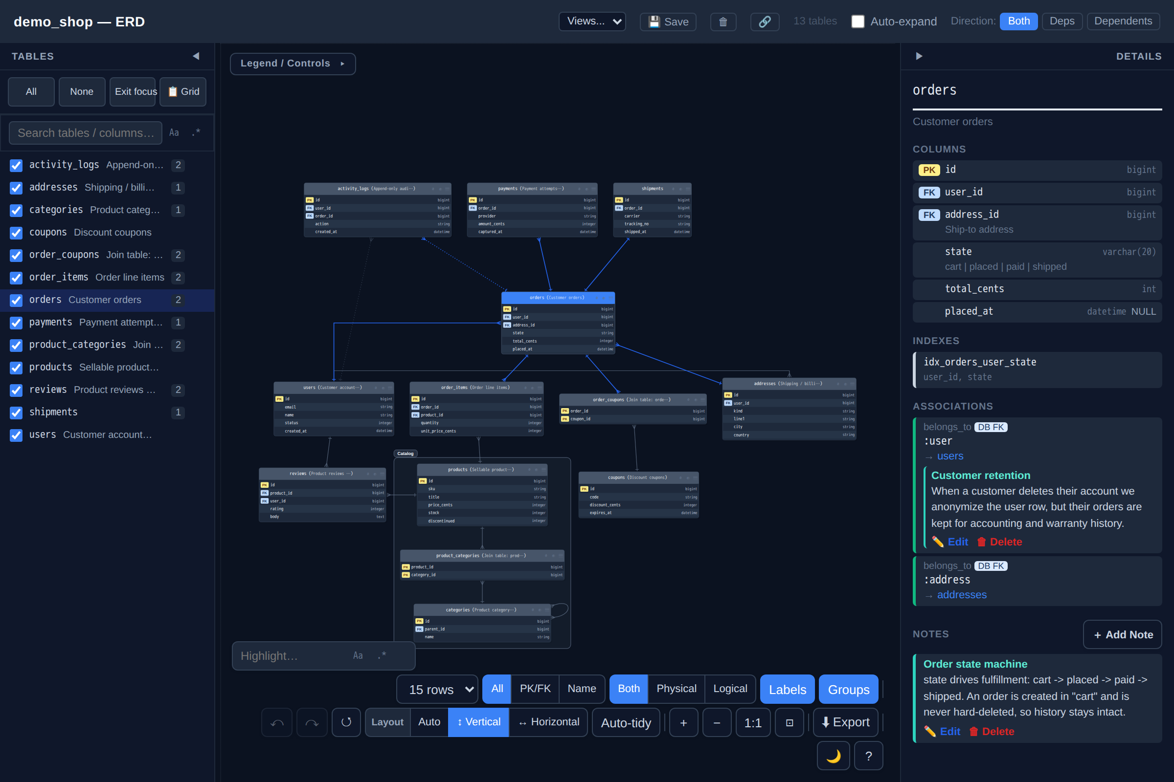 The viewer in dark mode: all three panes turn dark, including badges and design notes in the orders detail panel on the right