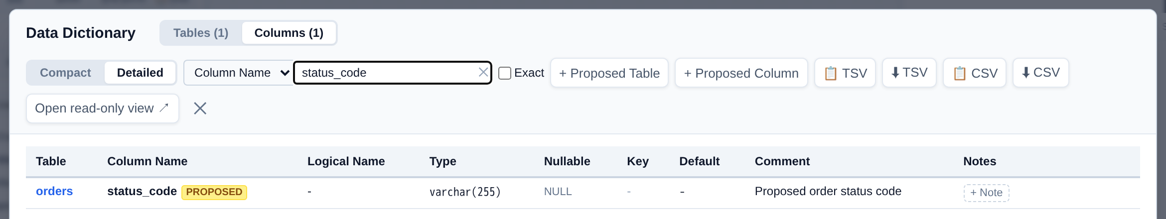 Data Dictionary Columns tab showing a newly added status_code column on the orders table marked with a yellow PROPOSED badge next to its column name